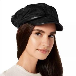 INC Hat Black Flannel & Vegan-Leather Newsboy Cap Side Bow Wool-Blend Adjustable